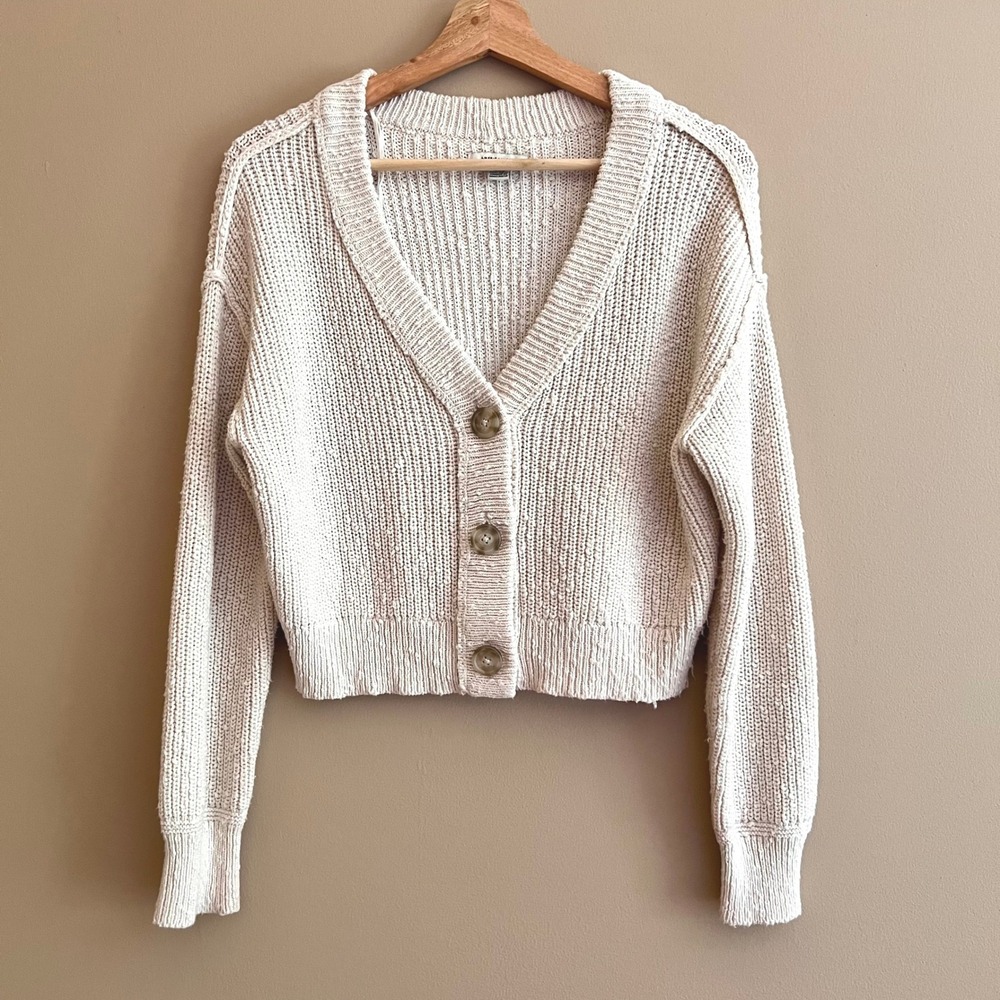 American Eagle Cream Cropped Chunky Knit Cardigan Sweater Womens XS Oatmeal